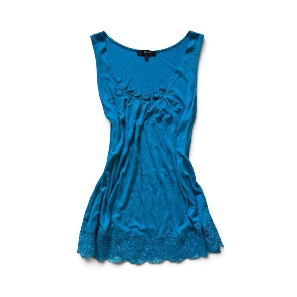 Express‎ Women Teal Blue Ruffle Scoop Neck Lace Hem Tunic Tank Top Y2K Boho M